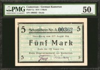 CAMEROON. Kais Gouvernment von Kamerun. 5 Mark, 1914. P-1a. German Kamerun. PMG About Uncirculated 50.
Duala. A low 362 serial number found on this G...