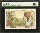 CAMEROON. Banque Centrale. 1000 Francs, ND (1962). P-12b. PMG Choice Uncirculated 64.
Lithograph. Pleasant detail and quality found on this 1000 Fran...
