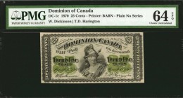 CANADA. Dominion of Canada. 25 Cents, 1870. DC-1c. PMG Choice Uncirculated 64 EPQ.
Printed by BABN. Plain, no series. A fractional Dominion note, see...