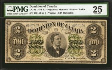 CANADA. Dominion of Canada. 2 Dollars, 1878. DC-9a. PMG Very Fine 25.
Printed by BABN. A seldom encountered Dominion of Canada Deuce. Light green "2"...