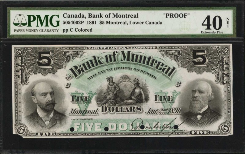 CANADA. Bank of Montreal. 5 Dollars, 1891. CH #505-40-02P. Front & Back Proof. P...