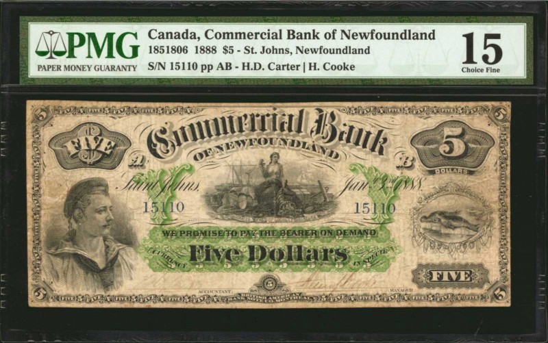 CANADA-NEWFOUNDLAND. Commercial Bank of Newfoundland. 5 Dollars, 1888. CH #185-1...