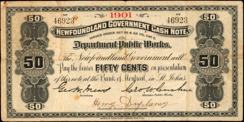 CANADA-NEWFOUNDLAND. Department of Public Works. 50 Cents, 1901. P-A5a. Fine.
P...