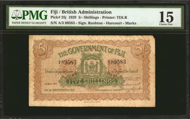 FIJI. Government of Fiji. 5 Shillings, 1929. P-25j. PMG Choice Fine 15.
Printed...