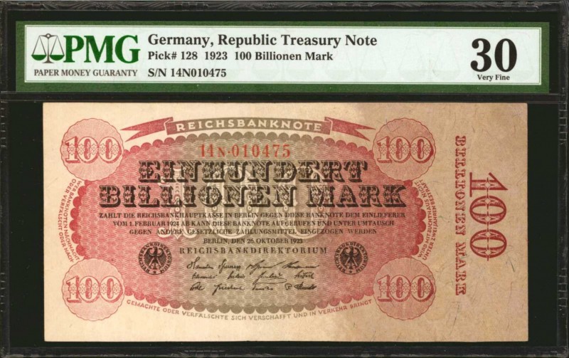 GERMANY. Reichsbanknote. 100 Billionen Mark, 1923. P-128. PMG Very Fine 30.
A s...