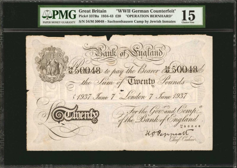 GREAT BRITAIN. Bank of England. 20 Pounds, 1934-43. P-337Ba. WWII German Counter...