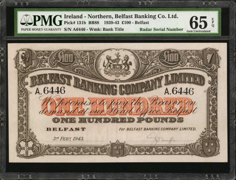 IRELAND, NORTHERN. Belfast Banking Company Ltd. 100 Pounds, 1939-43. P-131b. Rad...