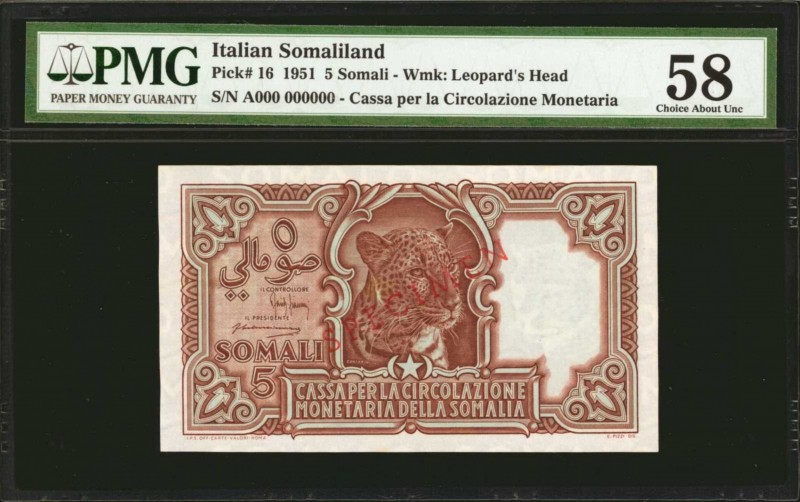 ITALIAN SOMALILAND. Cassa per la Circolazione Monetaria. 5 Somali, 1951. P-16. P...