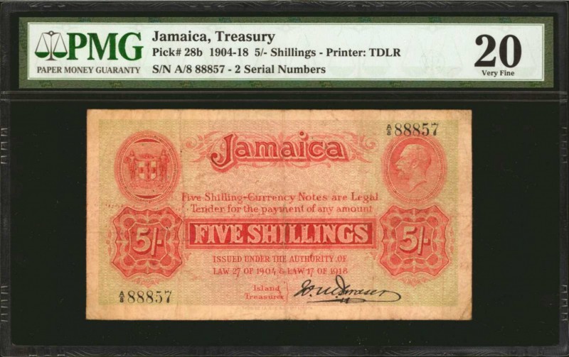 JAMAICA. Treasury of Jamaica. 5 Shillings, 1918. P-28b. PMG Very Fine 20.
Key d...