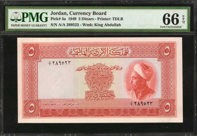 JORDAN. Currency Board. 5 Dinars, 1949. P-3a. PMG Gem Uncirculated 66 EPQ.
Phen...