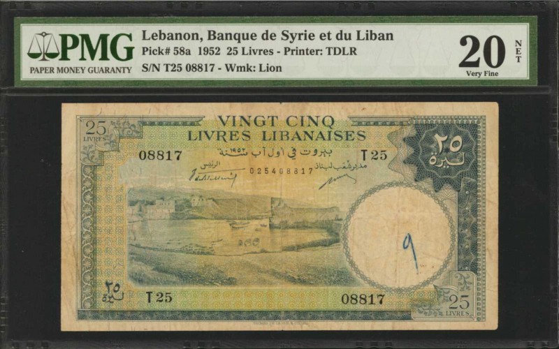 LEBANON. Banque de Syrie et du Liban. 25 Livres, 1952. P-58a. PMG Very Fine 20 N...