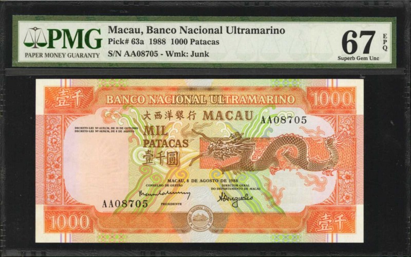 MACAU. Banco Nacional Ultramarino. 1000 Patacas, 1988. P-63a. PMG Superb Gem Unc...