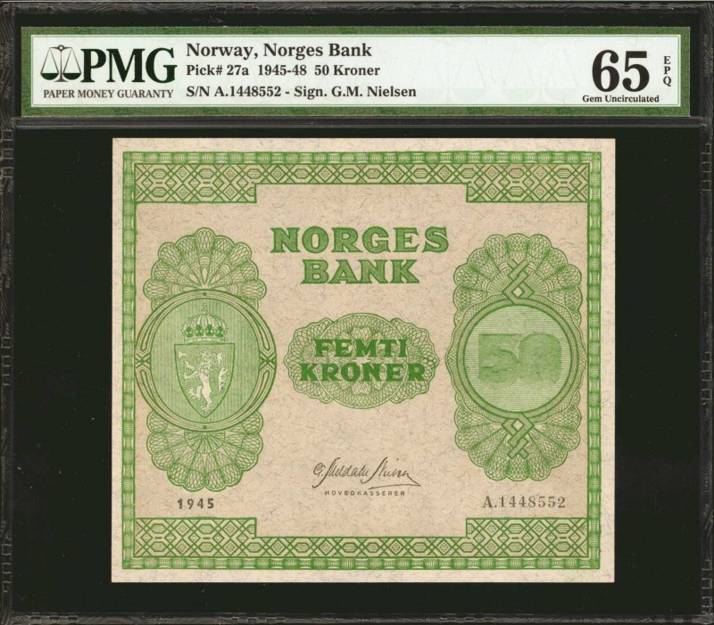 NORWAY. Norges Bank. 50 Kroner, 1945. P-27a. PMG Gem Uncirculated 65 EPQ.
Incre...