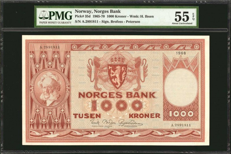 NORWAY. Norges Bank. 1000 Kroner, 1965-70. P-35d. PMG About Uncirculated 55 EPQ....