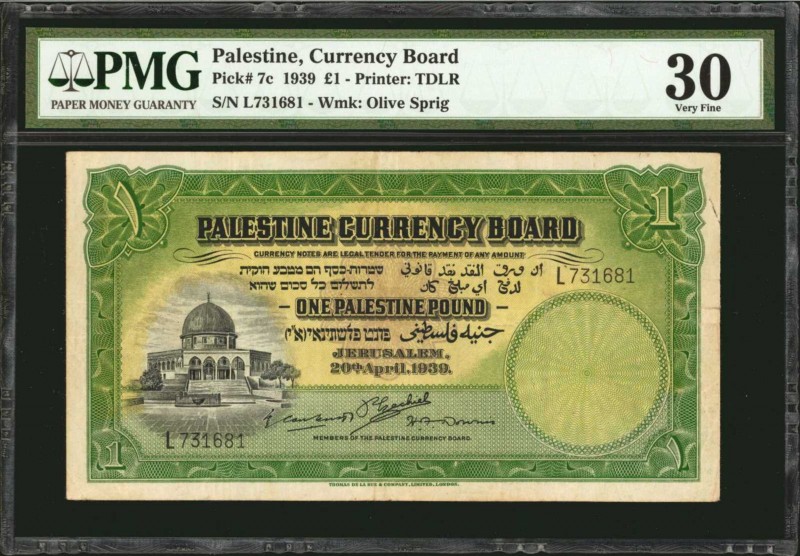 PALESTINE. Palestine Currency Board. 1 Pound, 1939. P-7c. PMG Very Fine 30.
A s...