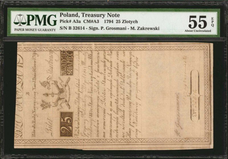 POLAND. Treasury Note. 25 Zlotych, 1794. P-A3. PMG About Uncirculated 55 EPQ.
A...