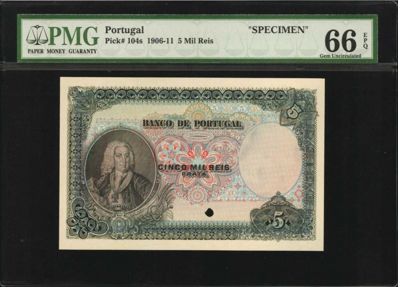 PORTUGAL. Banco de Portugal. 5 Mil Reis, 1906-11. P-104s. Specimen. PMG Gem Unci...