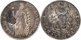 GUATEMALA. Guatemala - El Salvador - Peru. 4 Reales, ND (1840). PCGS VF-35 Gold Shield.
cf.KM-91; cf.Jovel-Type V Fig. 6-2. Type II Countermark; sun ...
