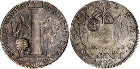 GUATEMALA. Guatemala - Peru. 8 Reales, ND (1840-41). PCGS EF-40 Gold Shield; Countermark: AU Details.
KM-121.2; Jovel-VII countermark. Type IV Hinged...
