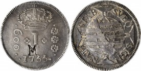MOZAMBIQUE. Mozambique - Brazil. 600 Reis, ND (1760). Governor Pedro de Saldanha de Albuquerque. PCGS EF-45 Gold Shield; Countermark: EF Details.
KM-...