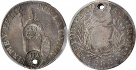 PHILIPPINES. Philippines - Philippines - Peru. 8 Reales, ND (1834-37). PCGS Genuine--Holed, AU Details Gold Shield; Countermark: AU Details.
cf.KM-A1...