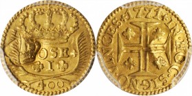 SAINT THOMAS & PRINCE. St. Thomas & Prince Island - Portugal. 400 Reis, ND (1854). Pedro V. PCGS AU-58 Gold Shield; Countermark: Unc Details.
KM-not ...