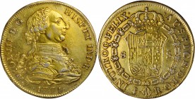 BOLIVIA. Falsa Época. Gilt Platinum Contemporary Counterfeit 8 Escudos, 1771-IS R. Uncertain Local Mint; Assayer R. Charles III. EXTREMELY FINE.
26.8...