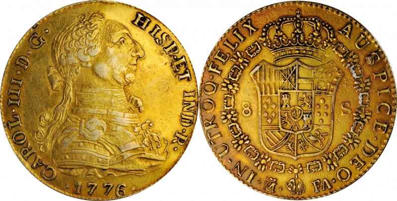 SPAIN. Falsa Época. Gilt Platinum Contemporary Counterfeit 8 Escudos, 1776-M FA....