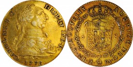 SPAIN. Falsa Época. Gilt Platinum Contemporary Counterfeit 8 Escudos, 1776-M FA. Uncertain Local Mint "Madrid"; Assayer FA. Charles III. CHOICE EXTREM...