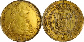 SPAIN. Falsa Época. Gilt Platinum Contemporary Counterfeit 8 Escudos, 1776-S JN. Uncertain Local Mint "Seville"; Assayer JN. Charles III. EXTREMELY FI...