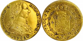 SPAIN. Falsa Época. Gilt Platinum Contemporary Counterfeit 4 Escudos, 1786-M DV. Uncertain Local Mint "Madrid"; Assayer DV. Charles III. EXTREMELY FIN...