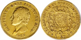 ITALY. Sardinia. 20 Lire, 1824-P. Genoa Mint; mm: Anchor. Carlo Felice. PCGS Genuine--Gouged, EF Details Gold Shield.
Fr-1137; KM-118.2. Mintage: 2,3...