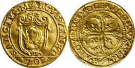 ITALY. Venice. Off-Metal Gold 1/2 Scudo, (ca. 1700-09). Alvise Mocenigo II. FINE DETAILS.
cf. CNI - Vol. VII, pg. 356 # 8; cf. Papadopoli - Vol. III,...