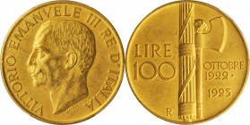 ITALY. 100 Lire, 1923-R. Rome Mint. PCGS MS-62 Gold Shield.
Fr-30; KM-65; Gig-7; Mont-12. Matte finish. Struck to commemorate the first anniversary o...