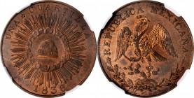 MEXICO. Copper 1/4 Real (Quartilla) Pattern, 1836. Struck at the Soho Mint, By John Sherriff. NGC PROOF-64 Brown.
KM-Pn53. Plain Edge. A lustrous and...