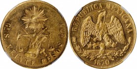 MEXICO. 20 Pesos, 1870-Go S. Guanajuato Mint. NGC MS-61.
Fr-124; KM-414.4. Mintage: 3,250. A rather RARE issue seldom encountered, this piece exhibit...