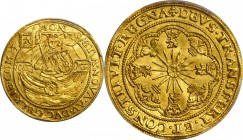 NETHERLANDS. Gelderland. Double Rose Noble, ND (1583-84). PCGS MS-63 Gold Shield.
36mm; 15.18 gms. Fr-Unlisted (though cf. 230 for the single rose no...