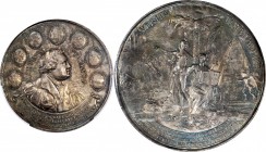 NETHERLANDS. Augsburg Confession Bicentennial Silver Medal, 1730. PCGS SPECIMEN-58 Gold Shield.
62mm; 81.90 gms. Whiting-354; van Loon-54. By M. Holt...