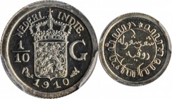 NETHERLANDS EAST INDIES. 1/10 Gulden, 1910. PCGS PROOF-65 Gold Shield.
KM-311; Scholten-840. An immensely appealing jewel-like presentation striking ...