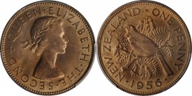 NEW ZEALAND. Penny, 1956. PCGS MS-65 Red Brown Gold Shield.
KM-24.1. No strap variety. The only example at this grade for finest certified at PCGS. K...