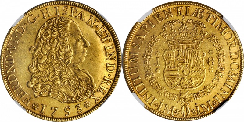 PERU. 8 Escudos, 1753-LM J. Lima Mint. Ferdinand VI. NGC AU-55.
Fr-16; KM-50. A...