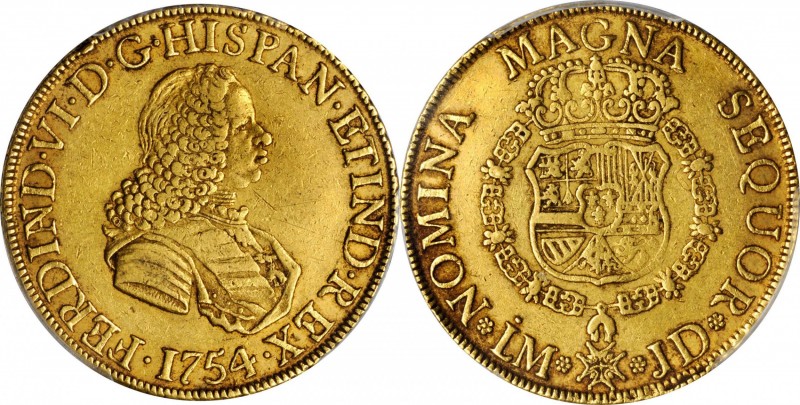 PERU. 8 Escudos, 1754-LM JD. Lima Mint. Ferdinand VI. PCGS EF-45 Gold Shield.
F...