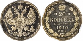 RUSSIA. 20 Kopeks, 1910-CNB EB. NGC PROOF-65.
KM-Y-22a.1; Bit-110. A brilliant proof with mirrored fields, frosty devices, and pleasing light champag...