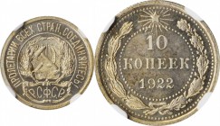 RUSSIA. 10 Kopeks, 1922. NGC PROOF-64.
KM-Y-80. A three year type issued by the R.S.F.S.R. Attractive proof with mirrored fields and light champagne ...
