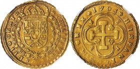 SPAIN. 8 Escudos, 1705-S P. Seville Mint. Philip V. NGC EF-45.
Fr-247; KM-260; Cal-Type 34 # 165. A handsome and well struck example of the type, tho...