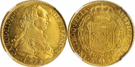 SPAIN. 8 Escudos, 1773-S CF. Seville Mint. Charles III. NGC MS-61.
Fr-283; KM-409.2; Cal-Type 29 # 252. A sharply struck and highly lustrous example ...
