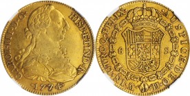 SPAIN. 8 Escudos, 1774-M PJ. Madrid Mint. Charles III. NGC AU-53.
Fr-282; KM-409.1. The 8 Escudos of Spain are much scarcer than those of Latin Ameri...