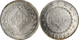 SPAIN. Barcelona. 5 Pesetas, 1809. Barcelona Mint. Joseph Napoleon. NGC MS-62.
KM-69; Cal-14; Dav-310. A highly argent piece, exhibiting dazzling bri...