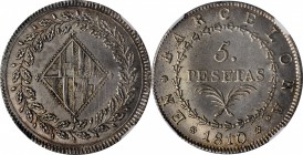 SPAIN. Barcelona. 5 Pesetas, 1810. Barcelona Mint. Joseph Napoleon. NGC MS-62+.
KM-69; Dav-310. Cal Type-5 # 15. Gleaming luster accompanies the fiel...
