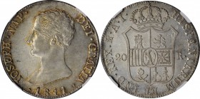 SPAIN. 20 Reales de Vellon, 1811-M AI. Madrid Mint. Joseph Napoleon. NGC MS-62.
KM-551.2; Cal-Type 7 # 27. Large Eagle variety. Possessing eye-appeal...